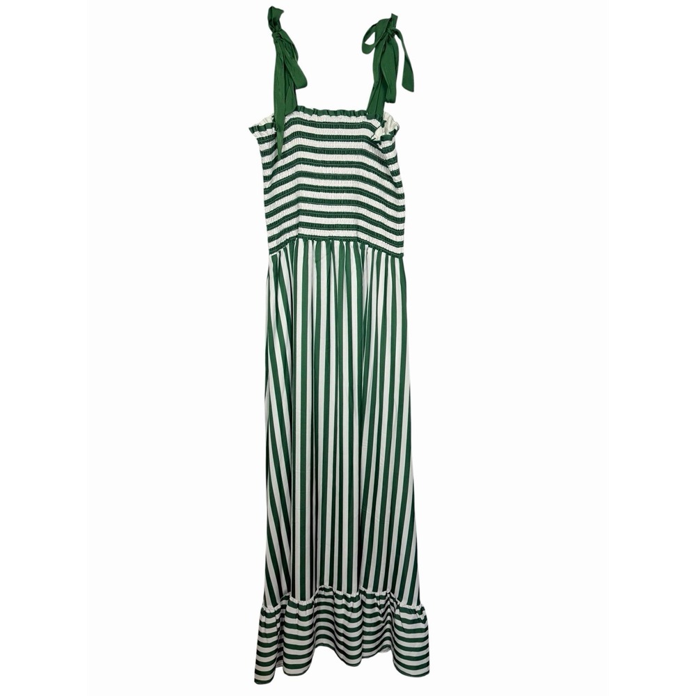 Summersalt Silky Luxe Smocked Maxi Dress Green White Stripe Tie Shoulder L - Picture 13 of 13
